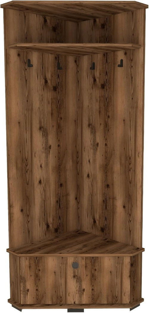 Corner Hall Tree with Coat Hooks, Shoe Bench & Storage Cabinet, Space-Saving