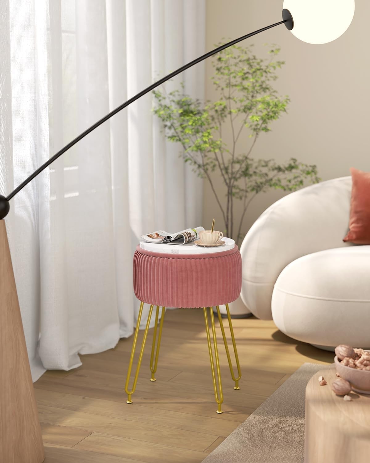 Pink Velvet Storage Footrest Ottoman – Golden Leg Vanity Stool Side Table