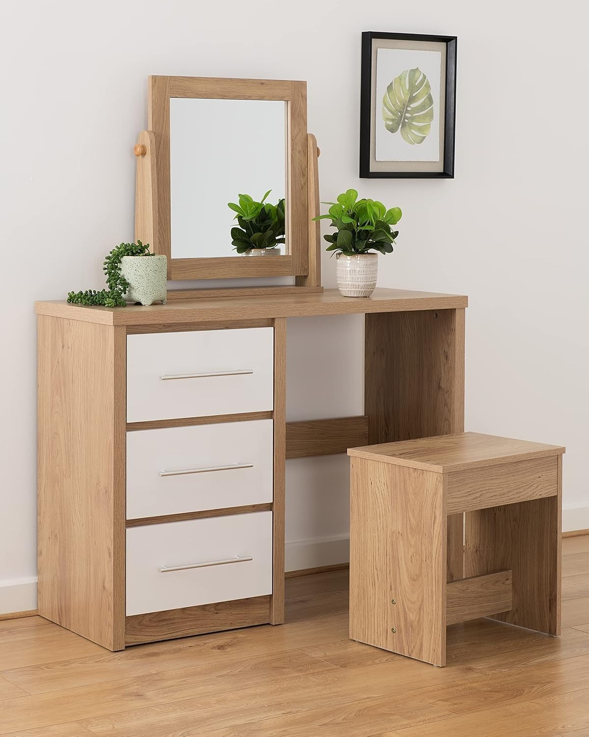 Modern Dressing Table White Gloss Light Oak Vanity Desk Mirror Stool 3 Drawers