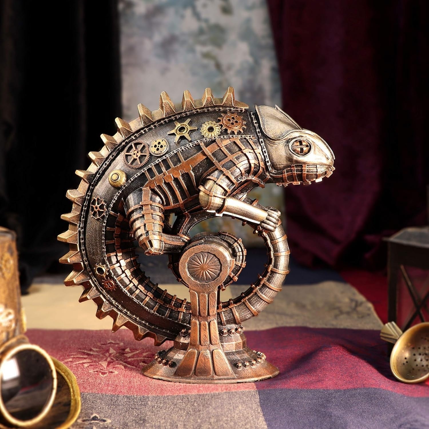 Steampunk Chameleon Lizard Figurine 22.3cm Bronze Resin Ornament Hand Painted
