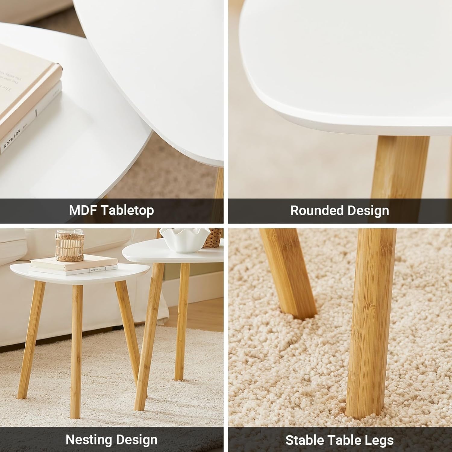 2X Modern White Nesting Coffee Table Set Bamboo Wood Side End Living Room