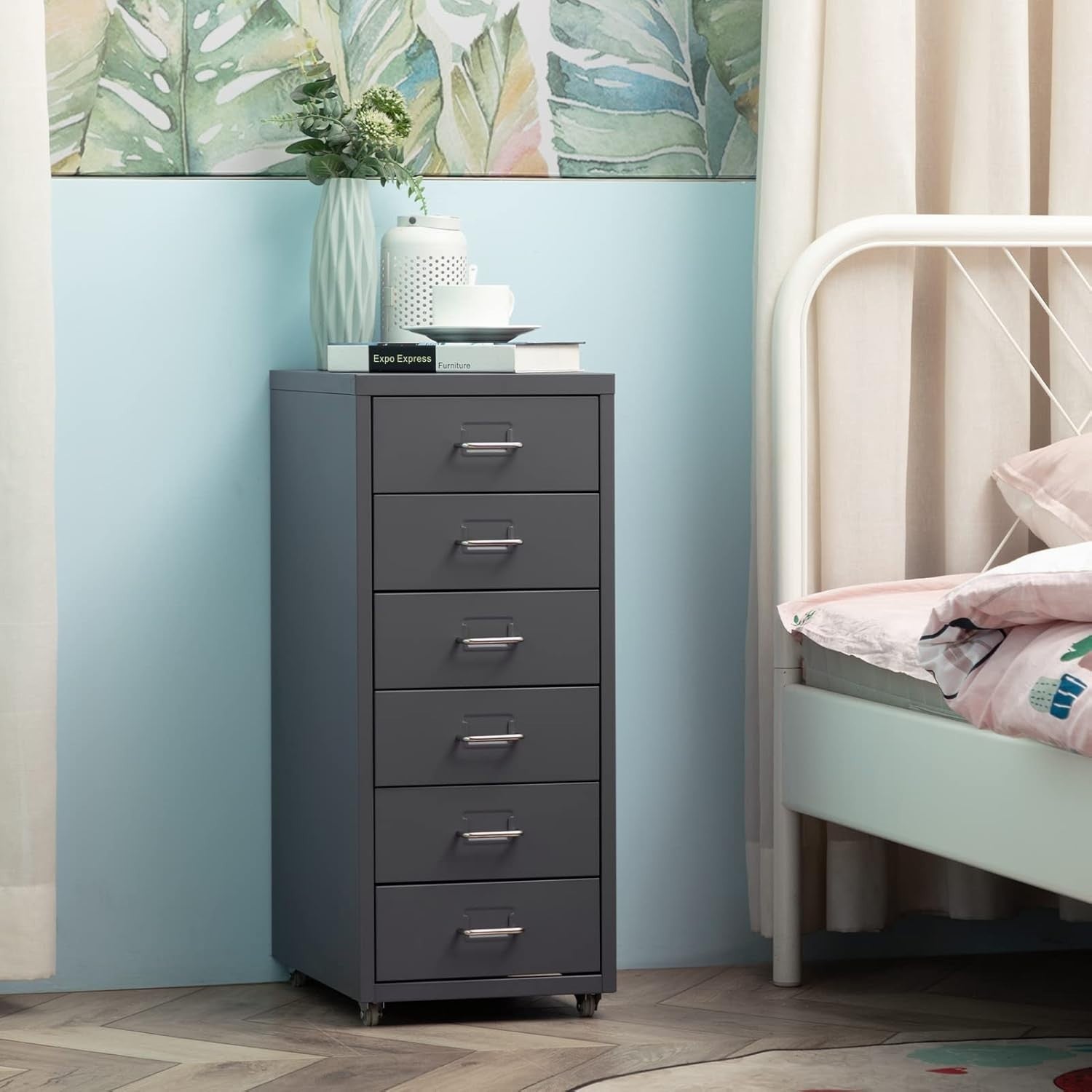 Grey Metal Rolling Drawer Tower 6 Tier Mobile File Storage Unit