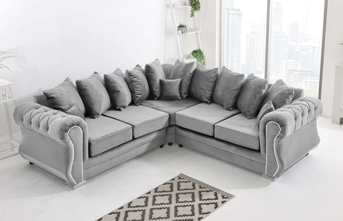 Plush Velvet 5 Seater Corner Sofa with Foam Cushions & Button Tufted - Silver