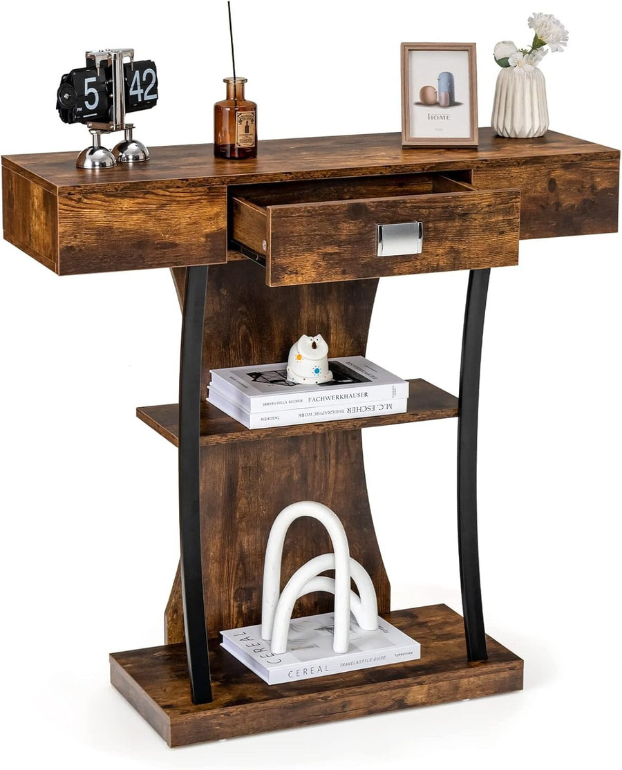 Rustic Brown Console Table with Drawer & Shelves – Slim Storage Solution