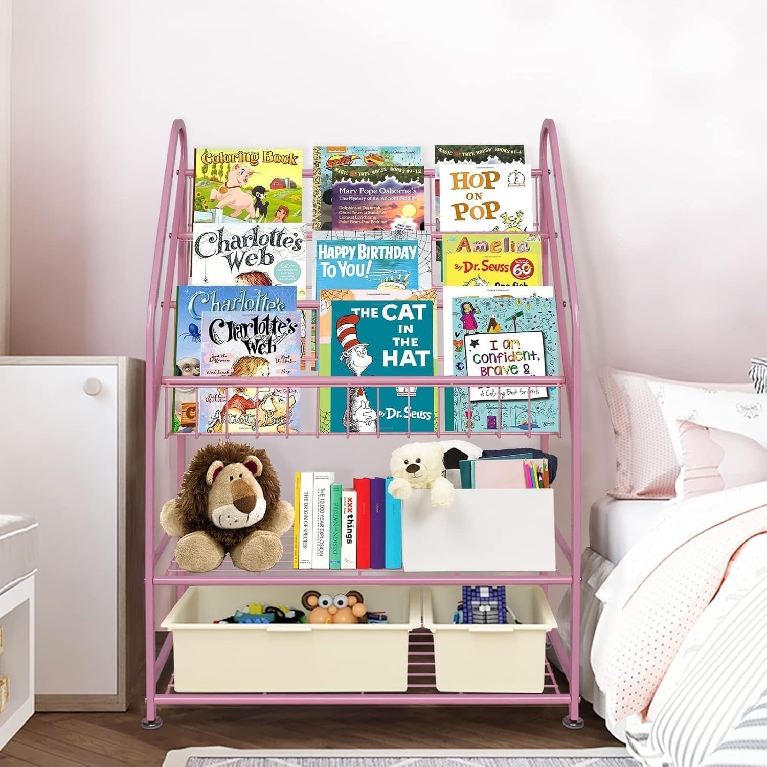 Kids Medium Leaning Bookshelf & Toy Organizer Rack – Durable Metal, Pink