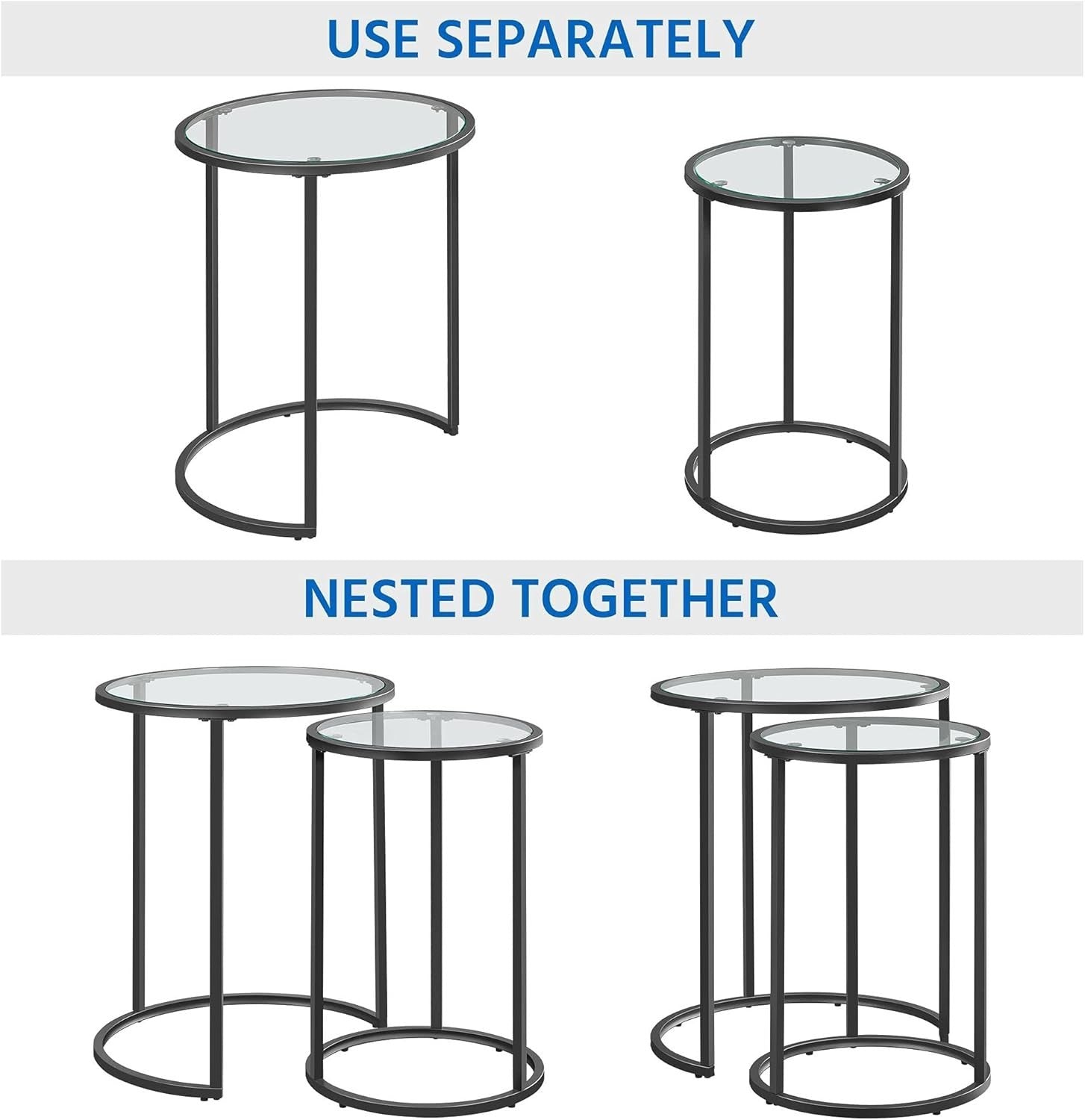 Nesting Round Side Tables Set of 2 Black Tempered Glass Metal End Coffee Sofa