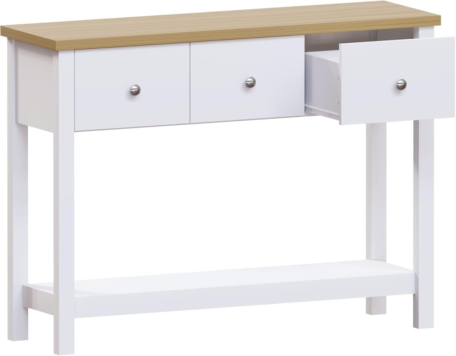 Modern White Console Table with 3 Drawers & Oak Top - Hallway Storage Shelf