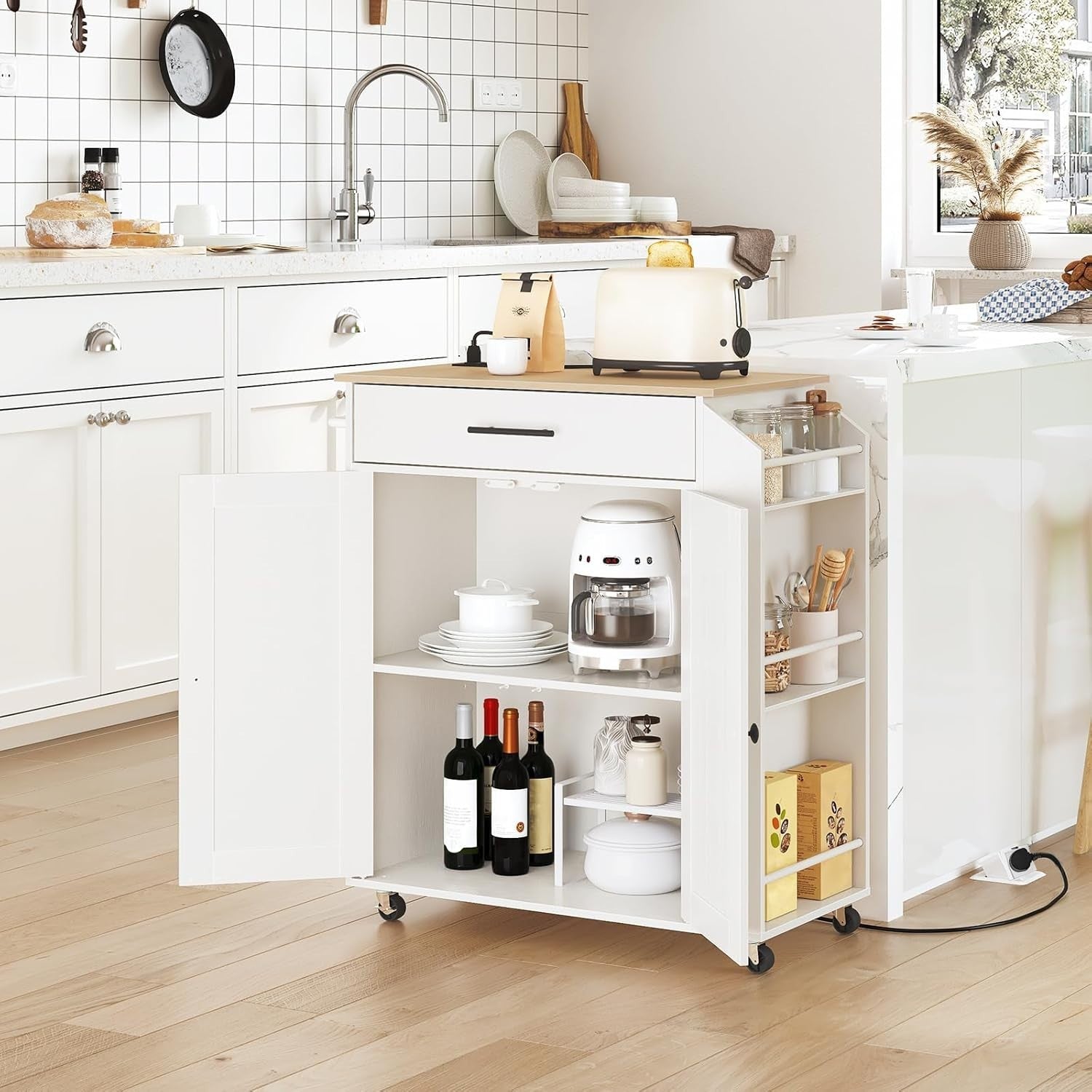 Kitchen Island on Wheels w/ Power Outlet Drawer Rack
