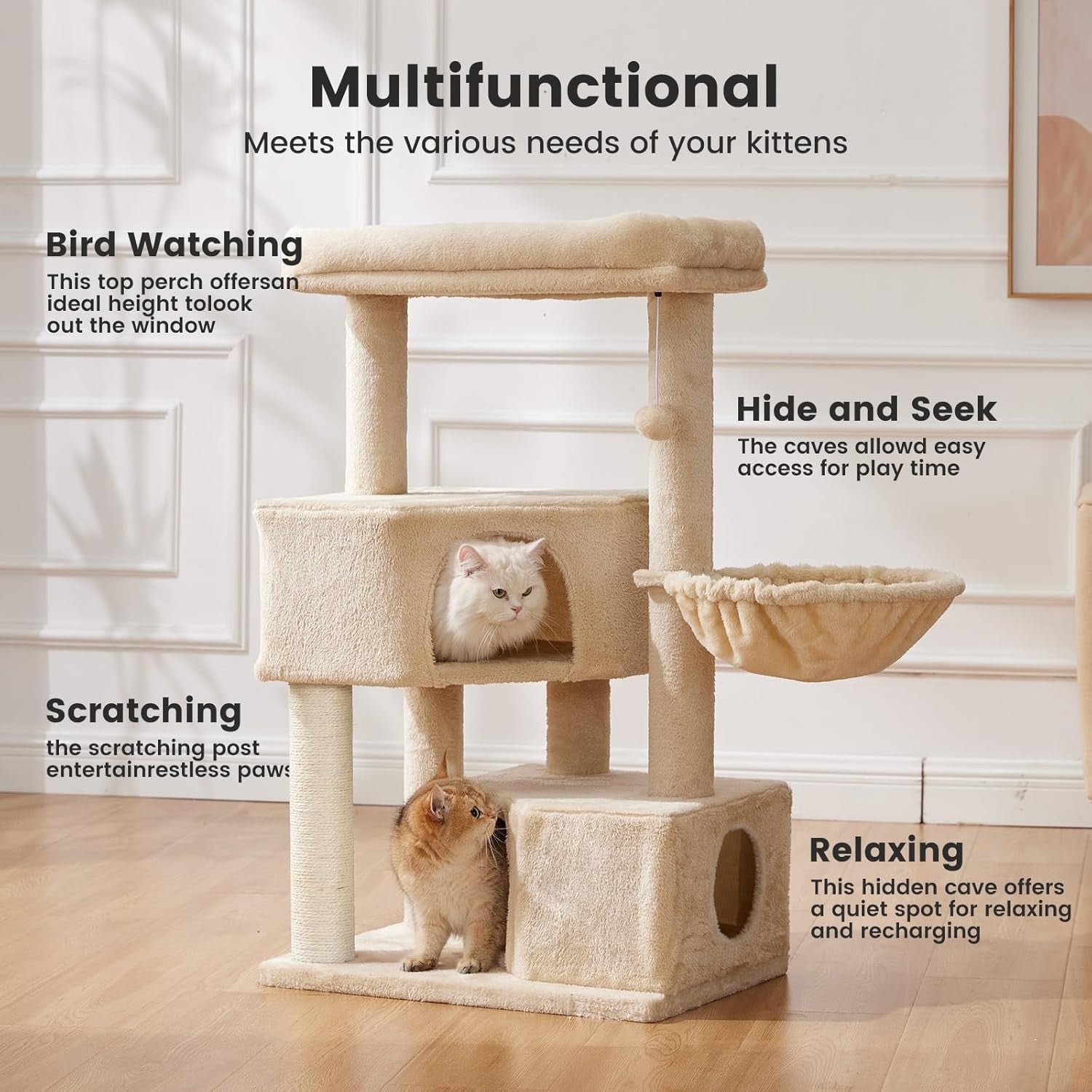 Cat Tree Tower 105cm 4 Level Scratching Post Condo Hammock Centre