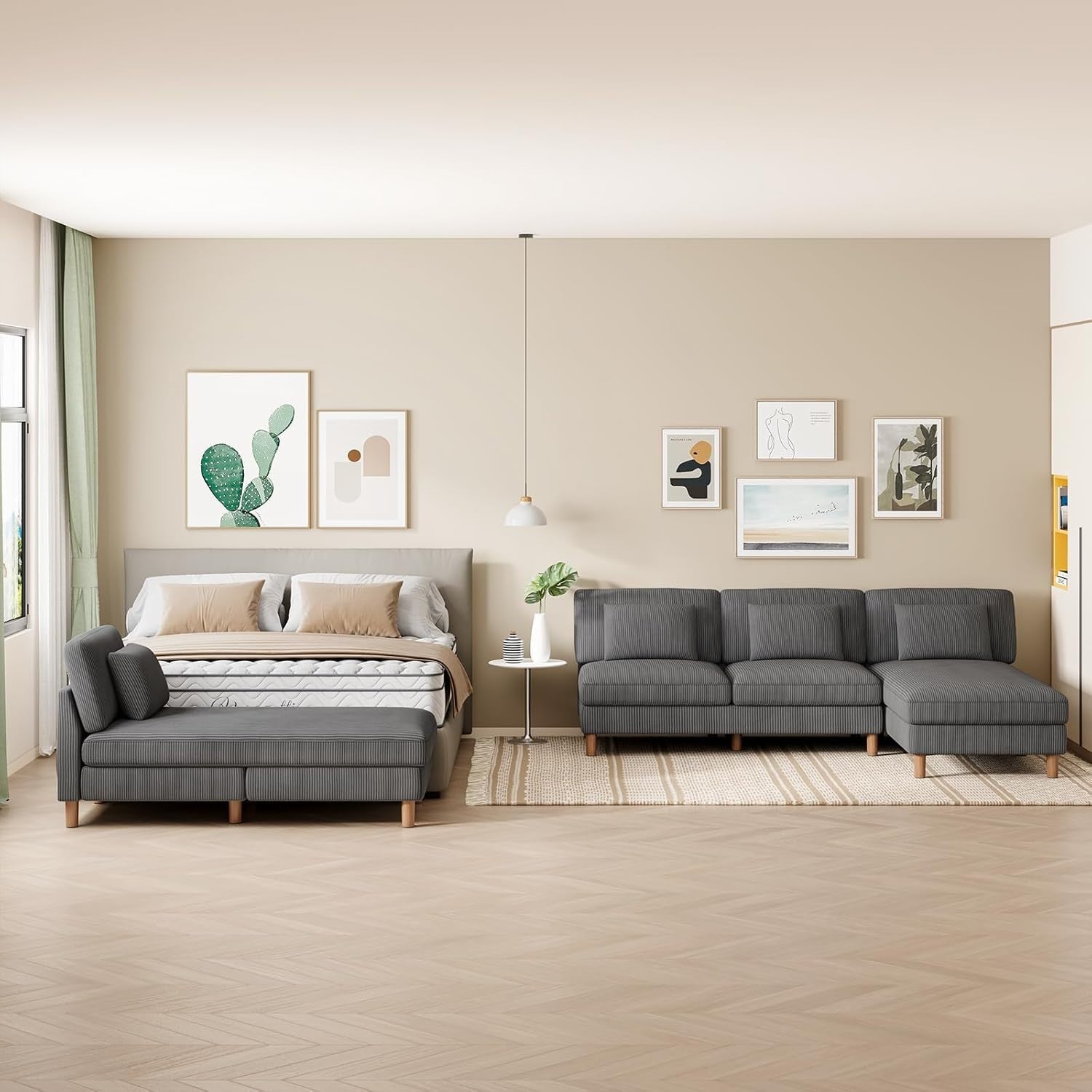 5 Seater U-Shaped Sofa Grey Corduroy with Double Chaise & Washable Covers