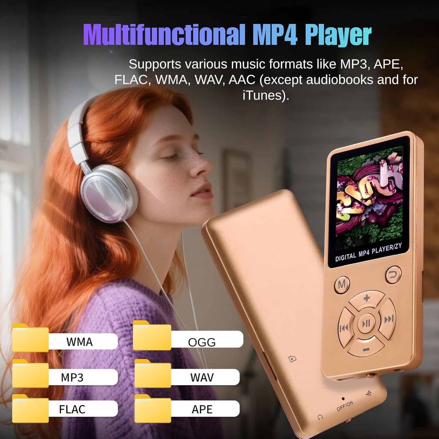 64GB Bluetooth 5.0 MP3 MP4 Player 1.8" LCD FM Radio Gold