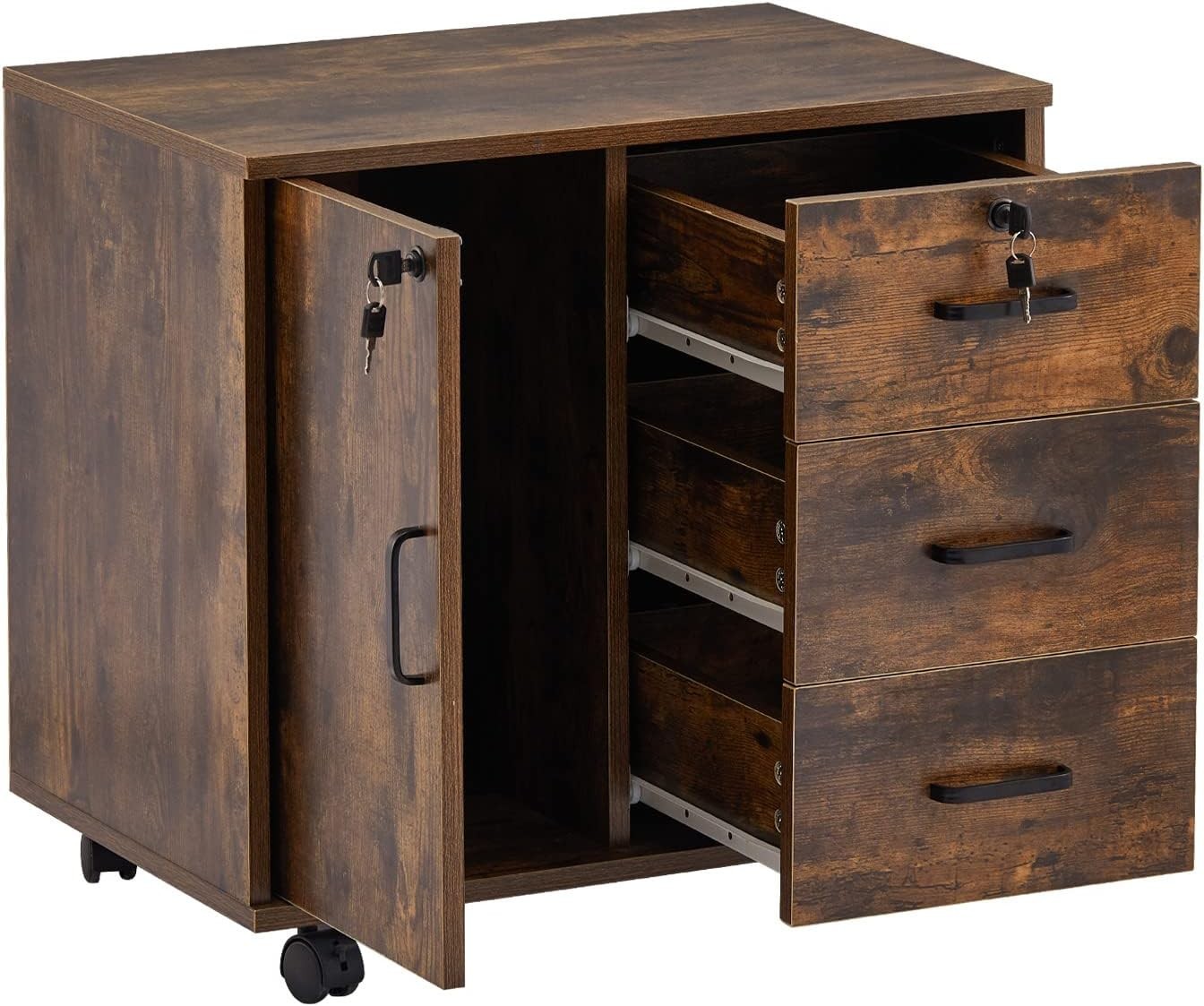 Brown Mobile File Cabinet 60cm Lockable Printer Stand Storage