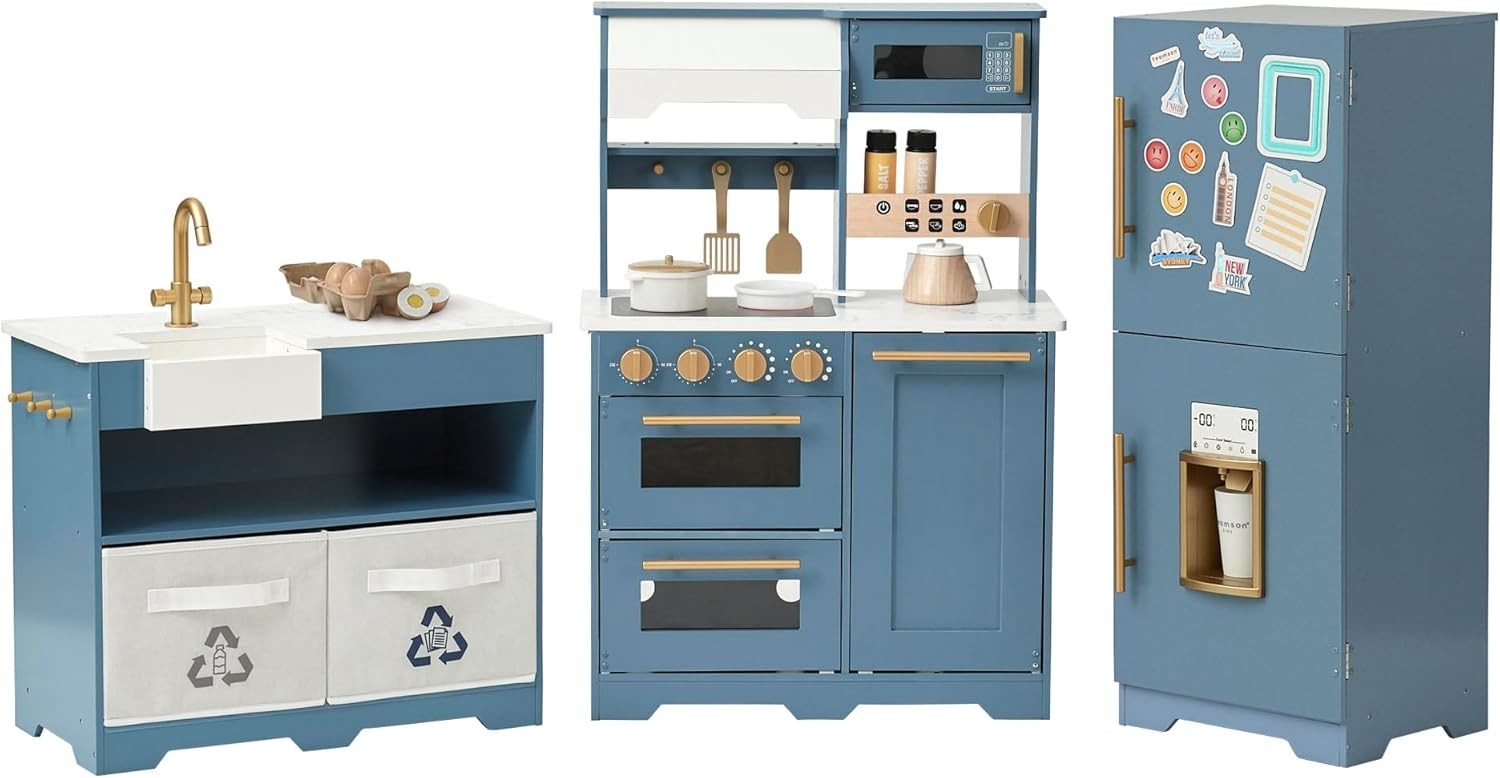 Modular Wooden Kids Play Kitchen Ice Dispenser Blue Toy Set
