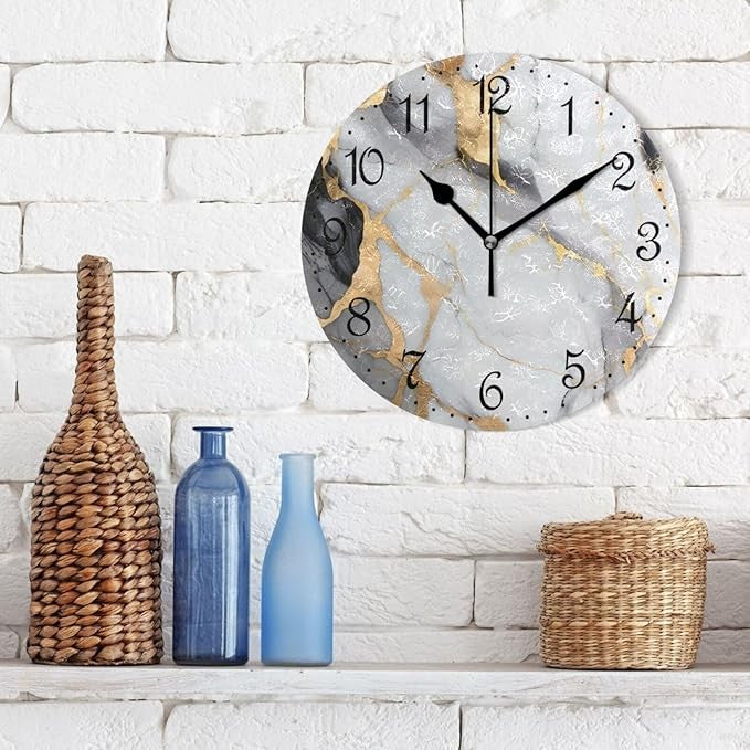 Gold Marble Wall Clock 25cm Silent Non-Ticking Modern Decorative Home Decor