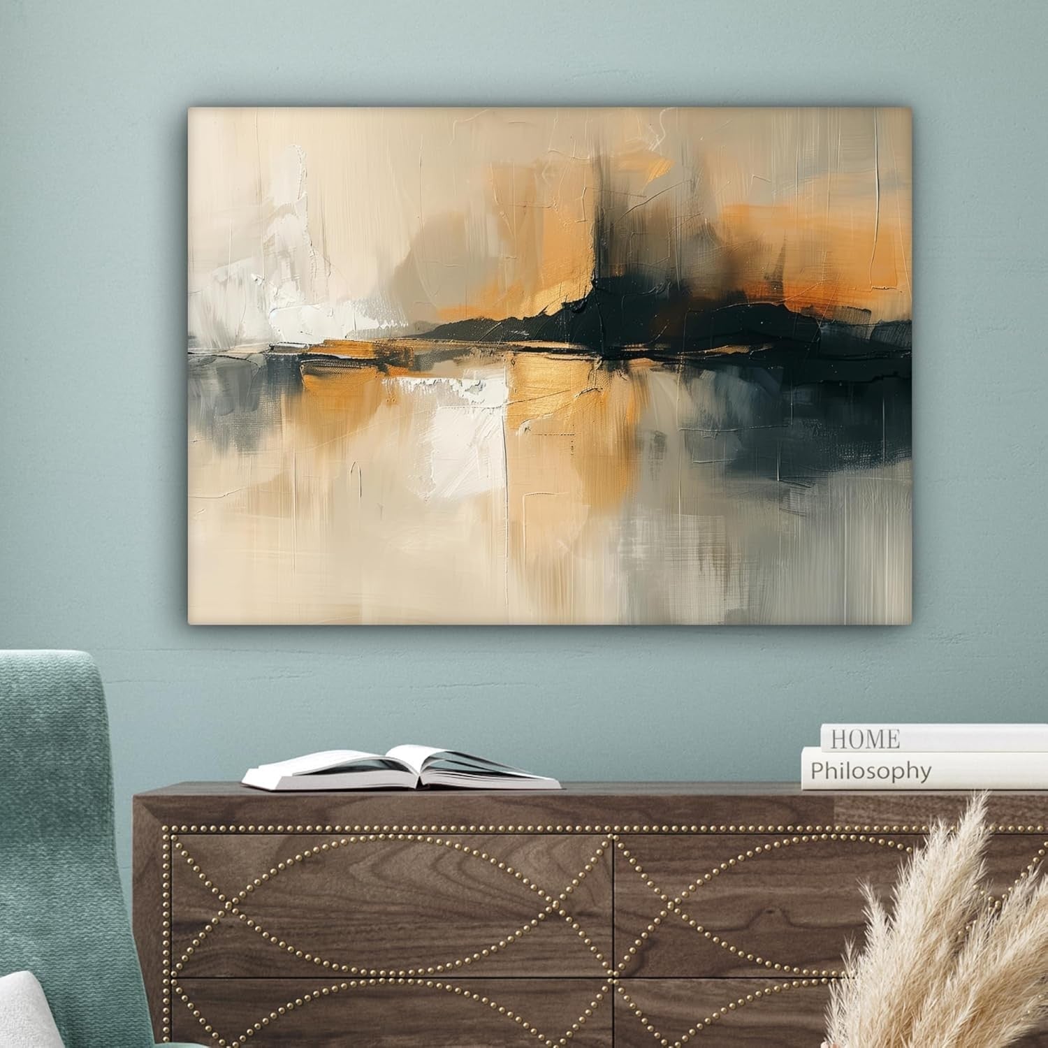 Abstract Canvas Wall Art Modern Black Gold Beige 80x60cm Living Room Decor