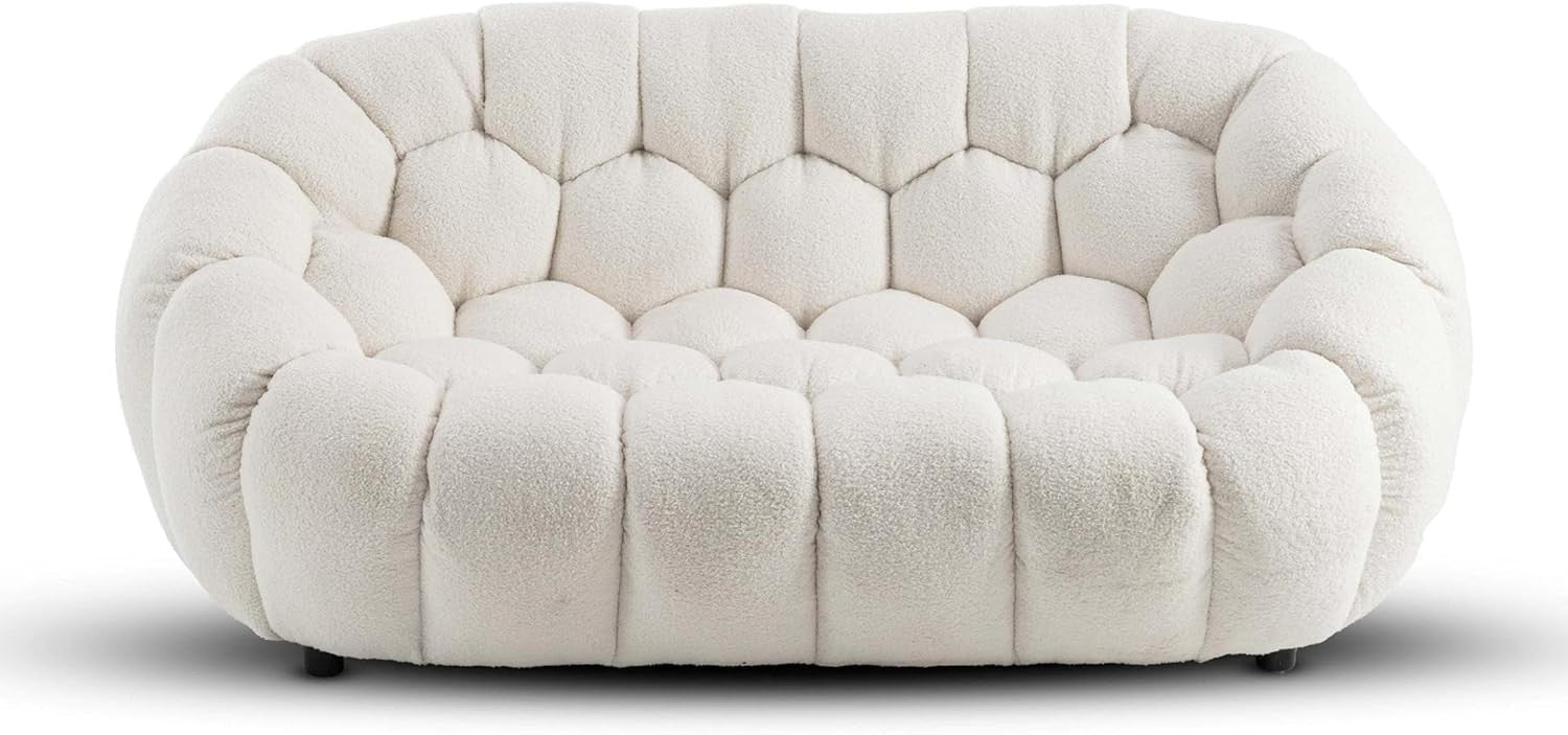 White Boucle 2 Seater Sofa Modern Tufted Teddy Fabric Couch for Living Room