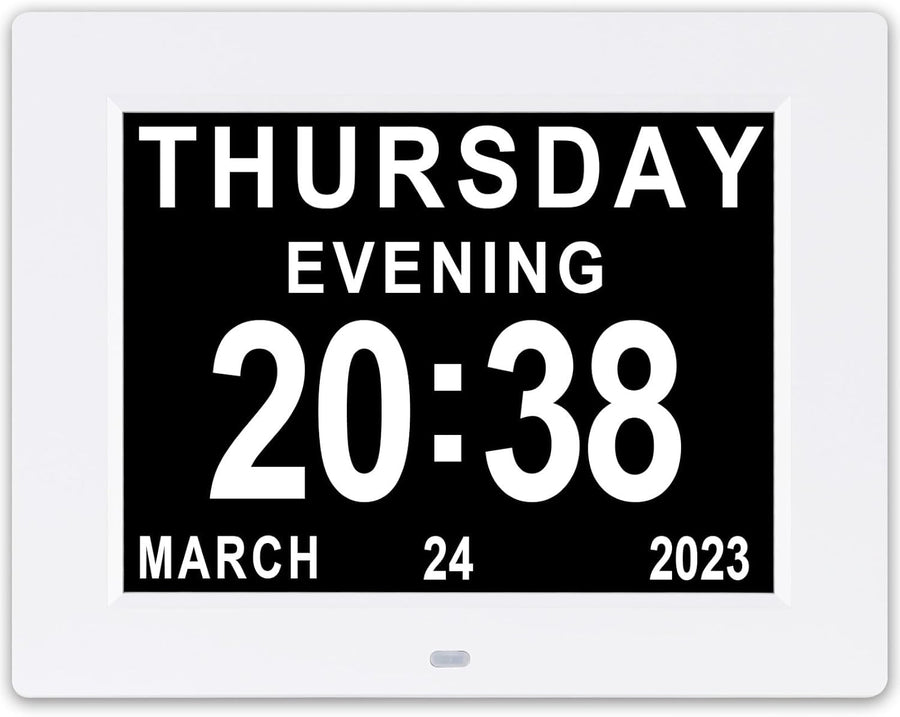 8 Inch Large Digital Dementia Clock Day Date Time White Seniors Display