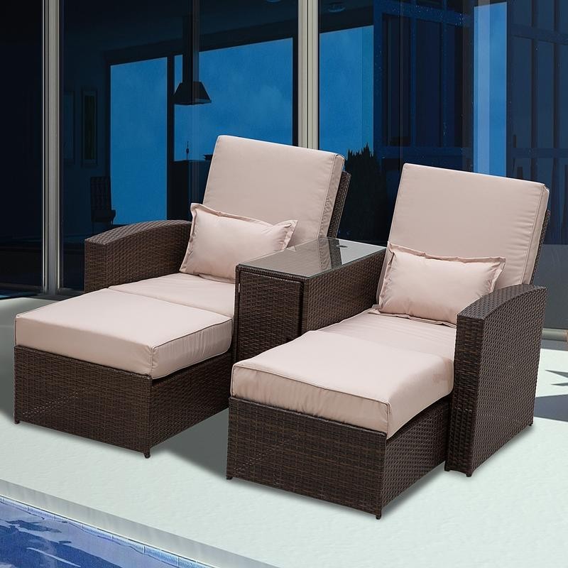 2 Seater Rattan Recliner Sofa Lounger Set w/ Cushions & Glass Table Outdoor