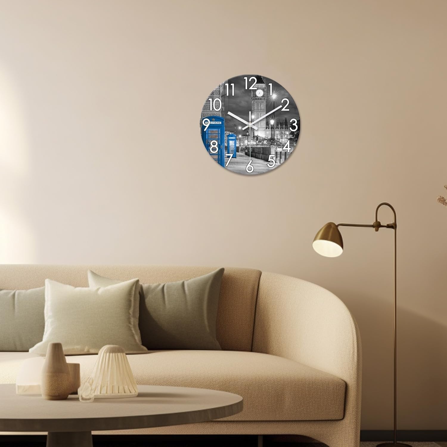 16" London Wall Clock Grey Silent Round Glass Modern Home Decor