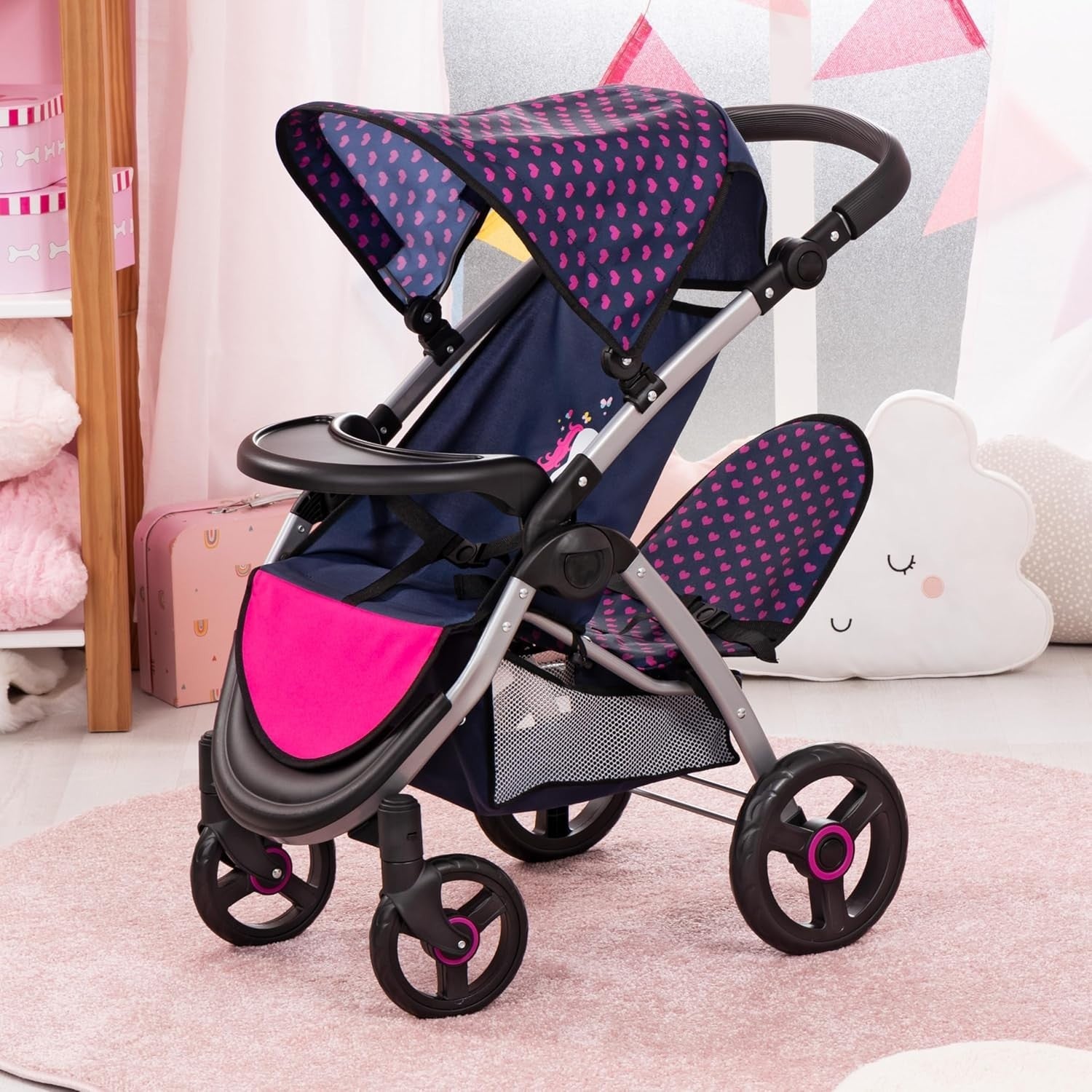 Double Doll Pushchair Twin Pram Adjustable Handle Fold Flat with Bag