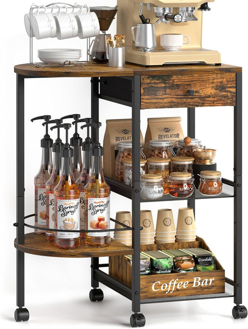 Coffee Station Trolley on Wheels 4 Tier Storage Cart with Drawer & Shelves