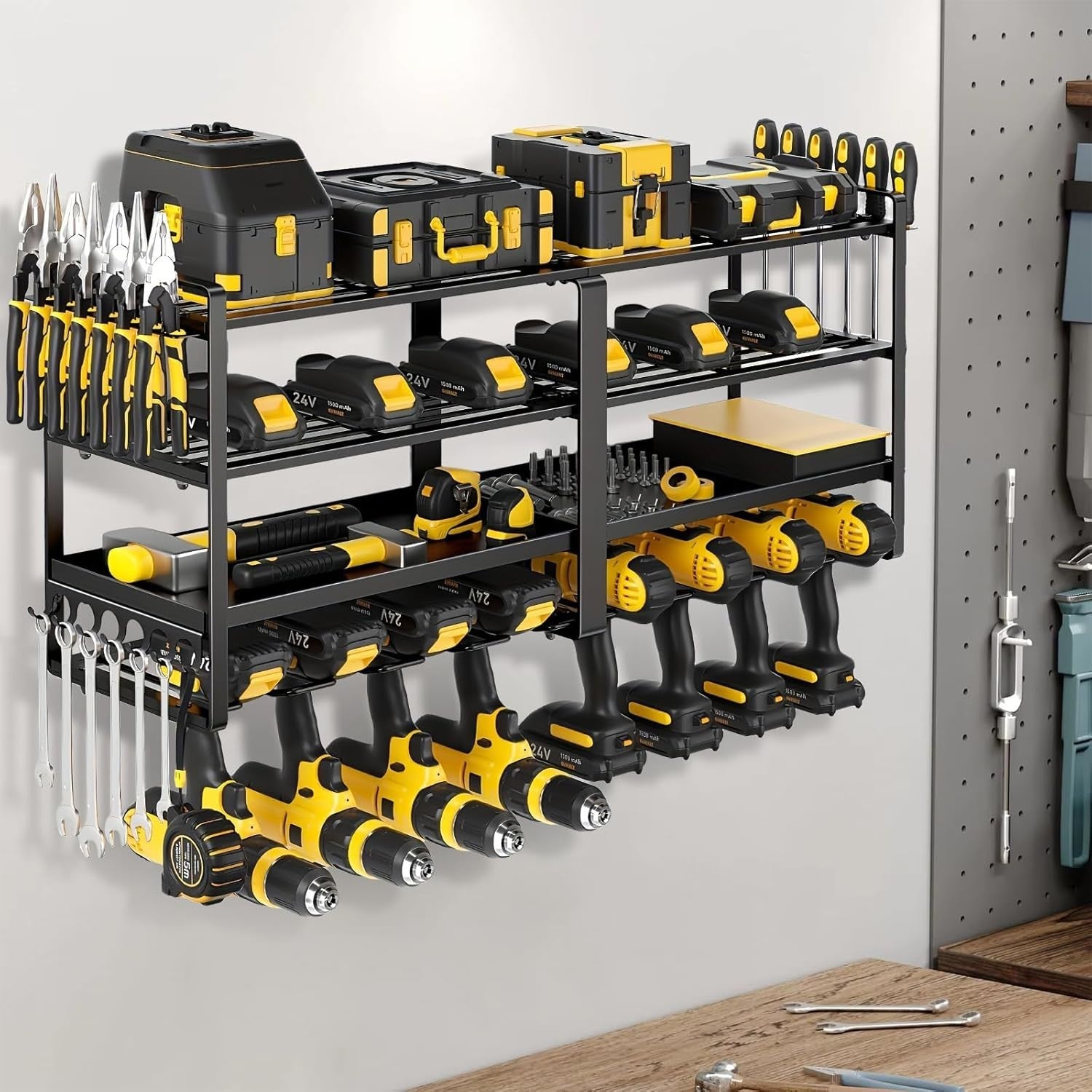 Wall Mount Power Tool Organizer 8 Drill Holders 4 Layers – 200Lbs Load