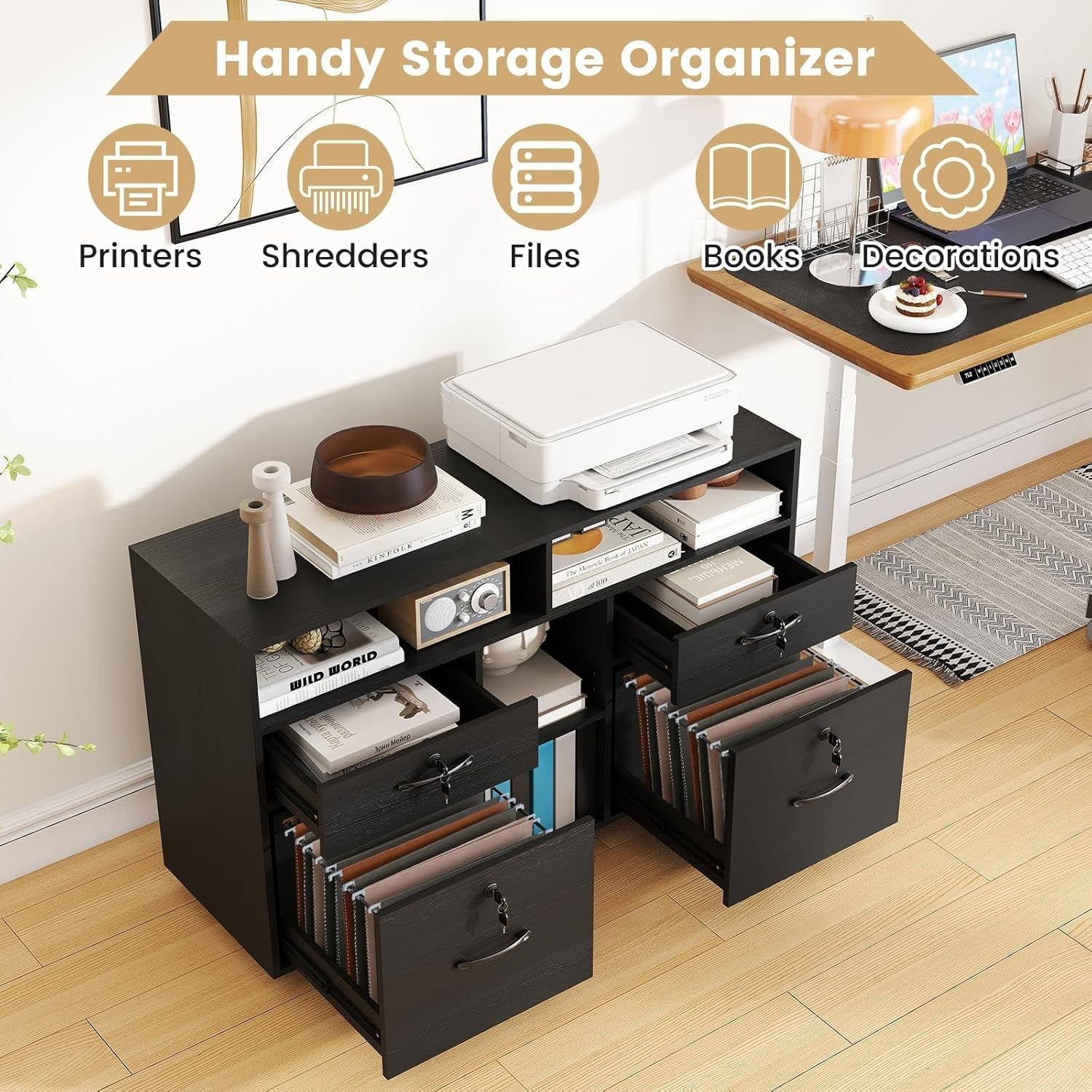 Black Wide Mobile File Cabinet 4 Drawer Lockable Lateral Printer Stand