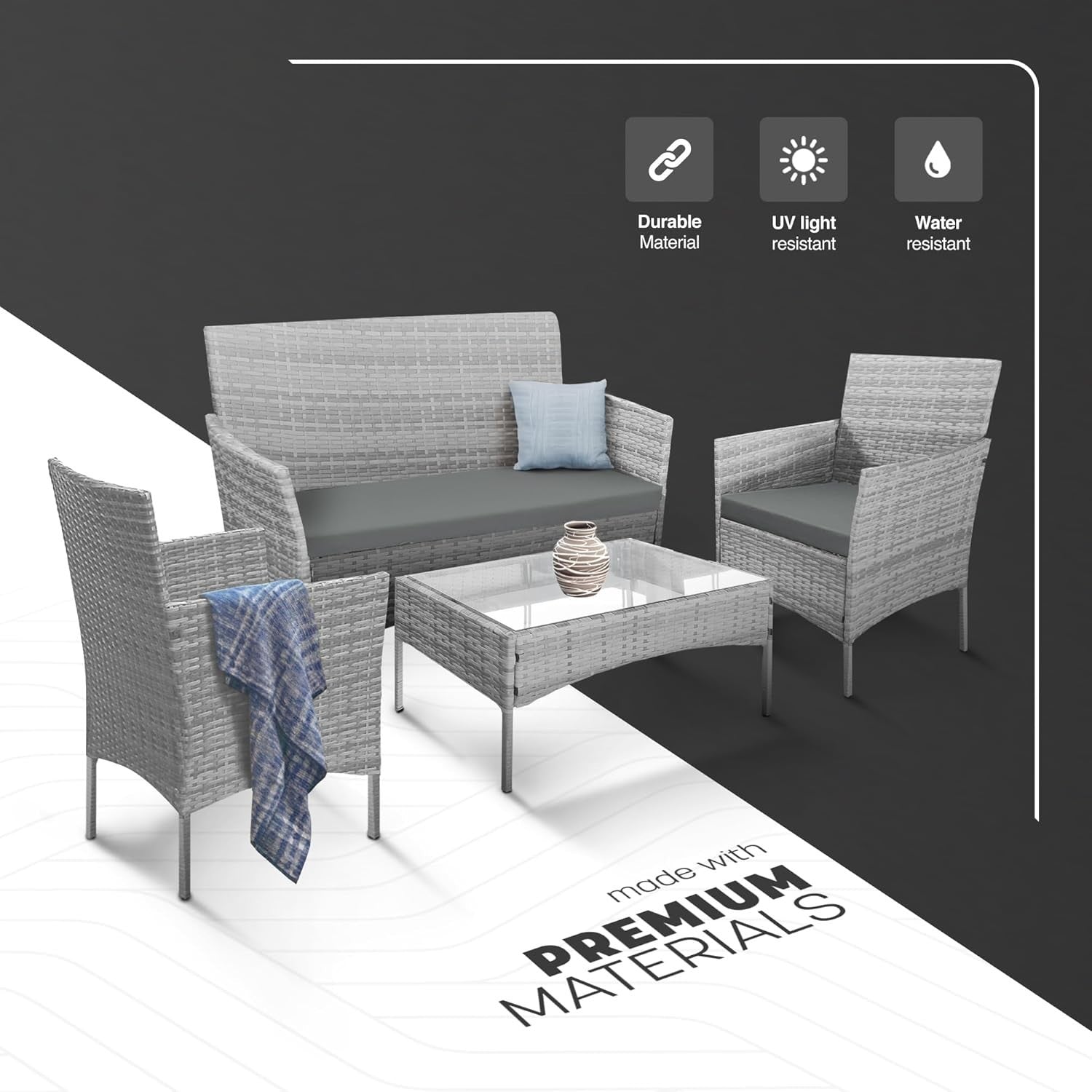 4pc Outdoor Rattan Garden Sofa Set | Stackable Patio Lounger with Table