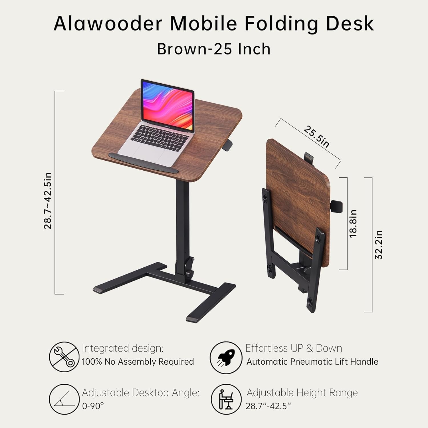Folding Standing Laptop Desk Sit Stand Rolling Workstation Brown Wood