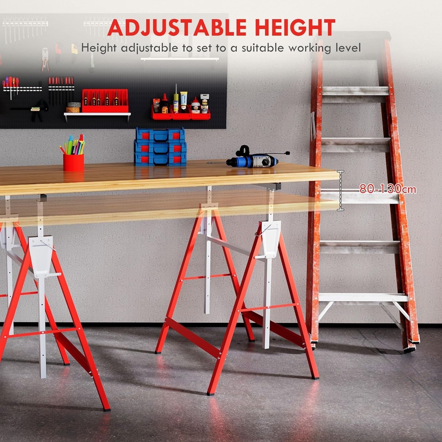 2x Adjustable Telescopic Sawhorse Folding Steel Trestle Work Bench Red 80–130cm