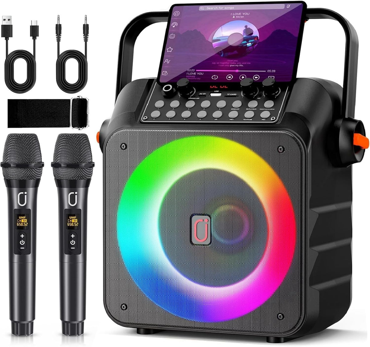 Karaoke Machine 2 Wireless Mics Bluetooth 5.3 Speaker 40W LED