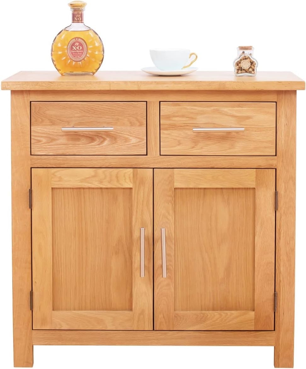 Compact Rustic Oak Sideboard Cabinet – 2 Drawers, 2 Doors, Solid Wood – 75cm