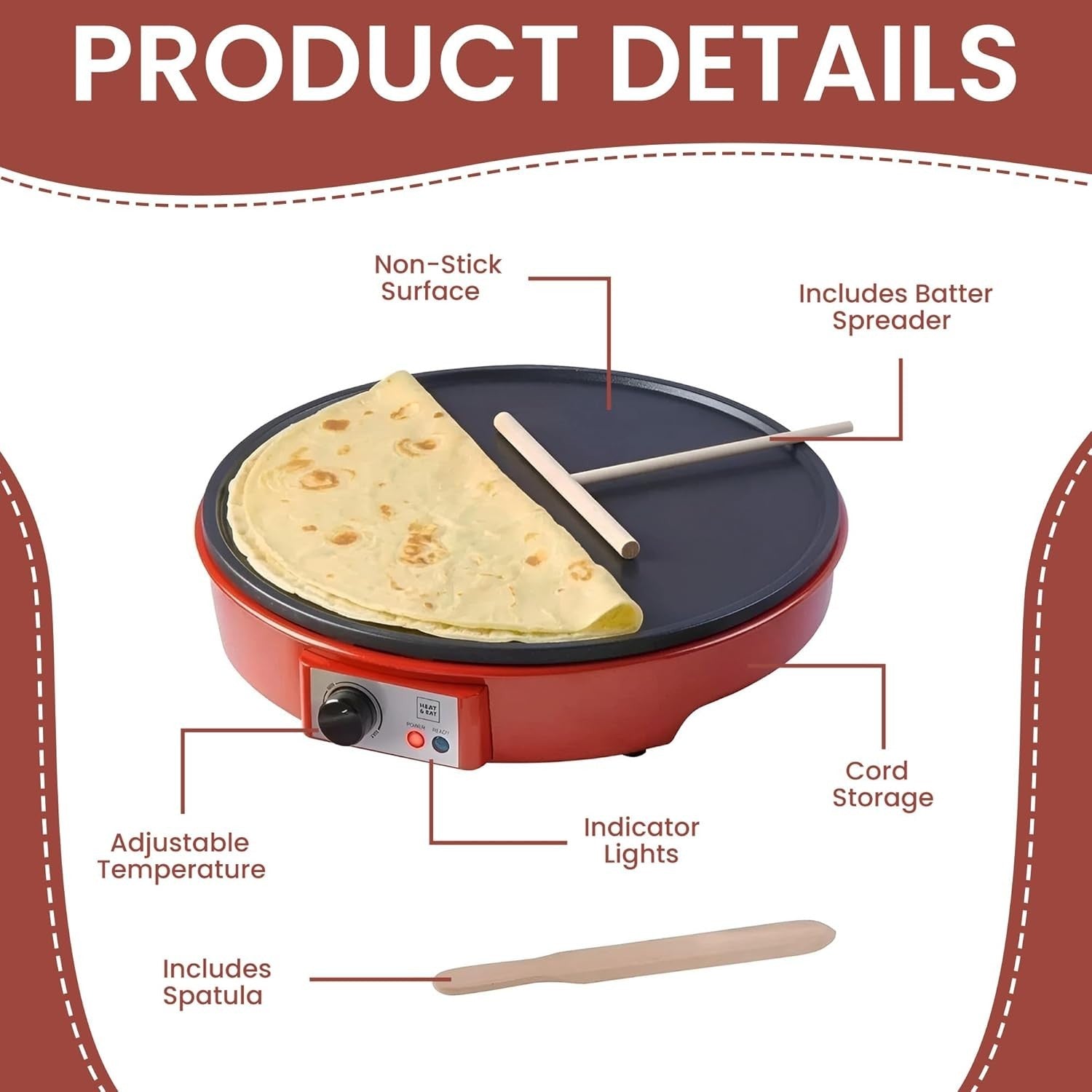 12" Non-Stick Electric Crepe & Pancake Maker 1000W w/ Temp Control