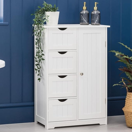 White Wooden Bathroom Cabinet with 4 Drawers & Cupboard 30x56x82cm Storage