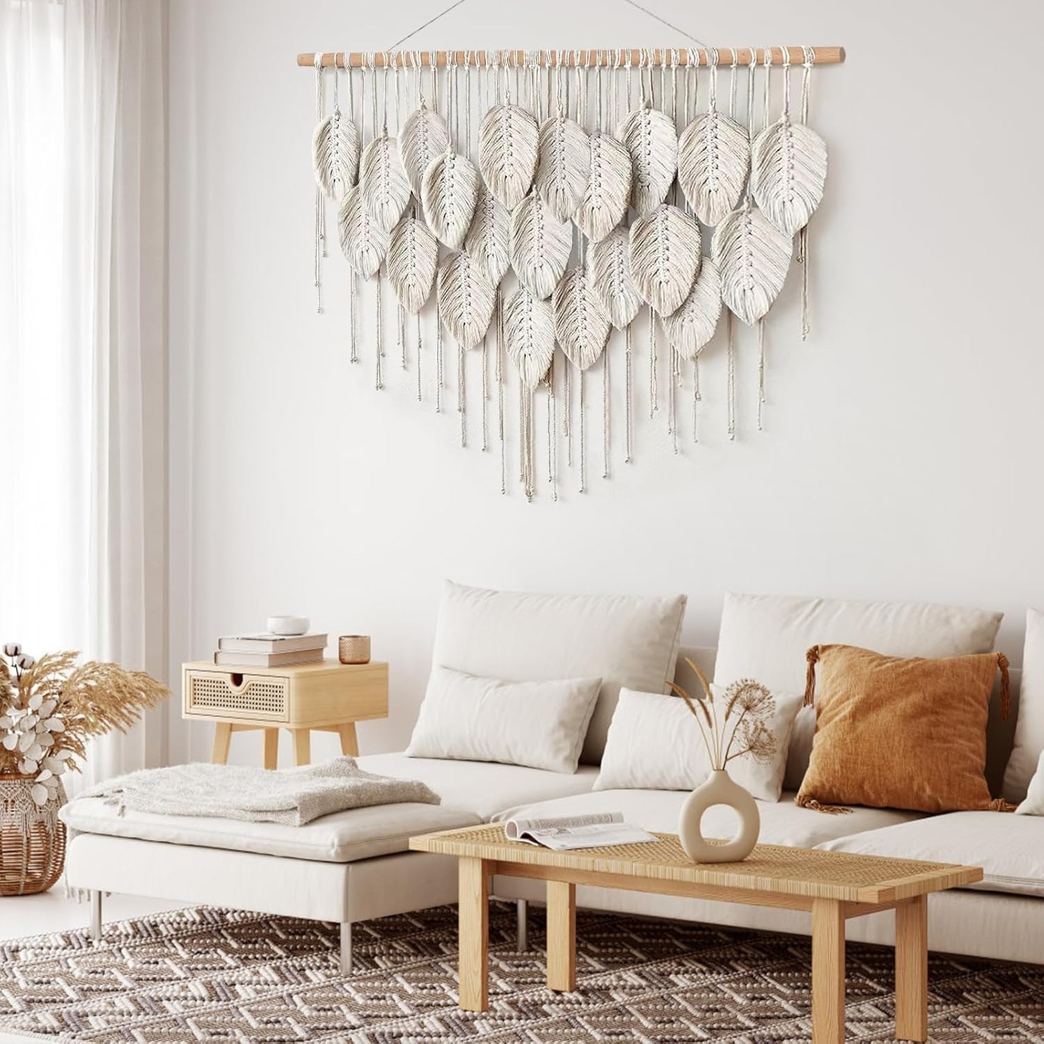 Beige Large Leaf Macrame Wall Hanging 39"x29.5" Boho Decor