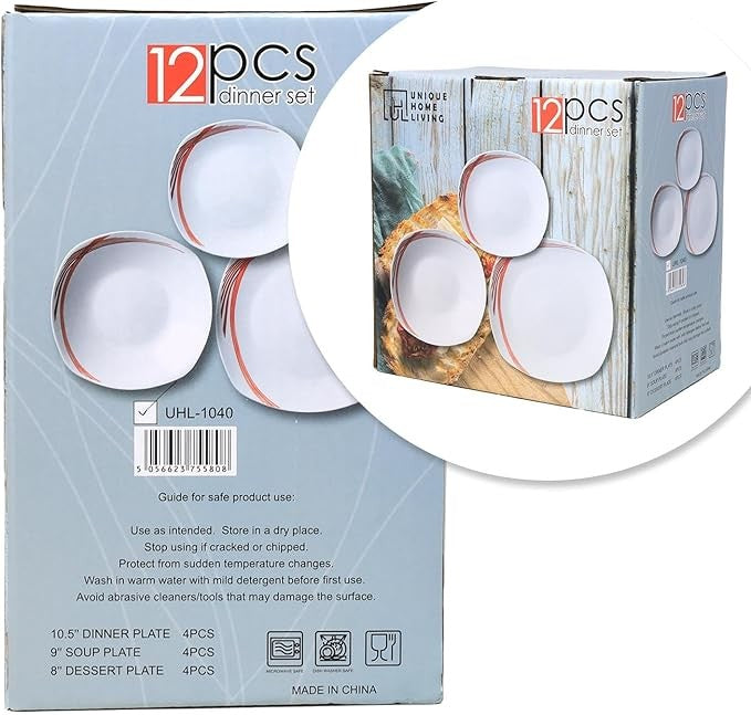 12pc White Ceramic Dinnerware Set Plates Bowls Service for 4 Red Line