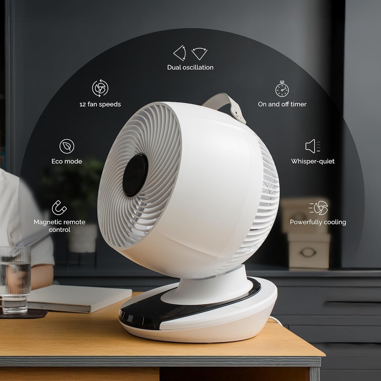 Cool Quiet Table Fan with Remote Control – 12 Speed Air Circulator Desk White