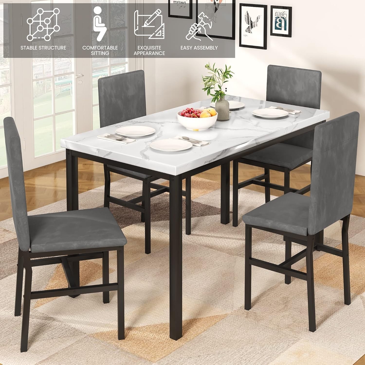 Faux Marble Dining Table & 4 Upholstered Chairs Set for Small Rooms (Gray)
