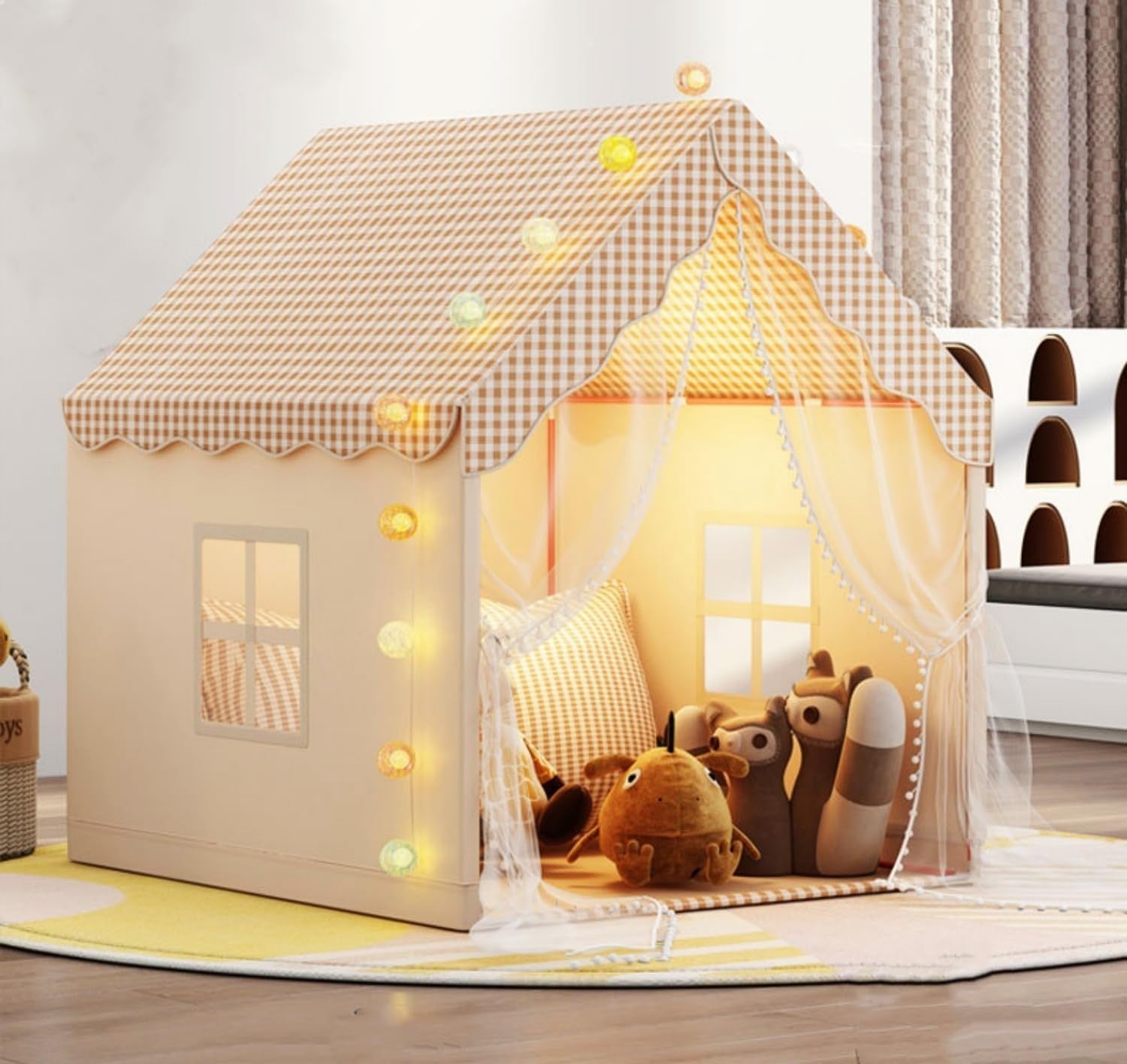 Kids Gingham Play Tent Indoor Rustic Playhouse w Windows Curtains
