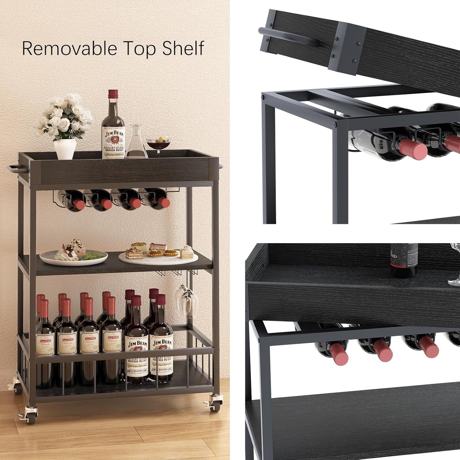 3 Tier Rolling Bar Cart with Wine Rack & Glass Holder Serving Trolley on Wheels