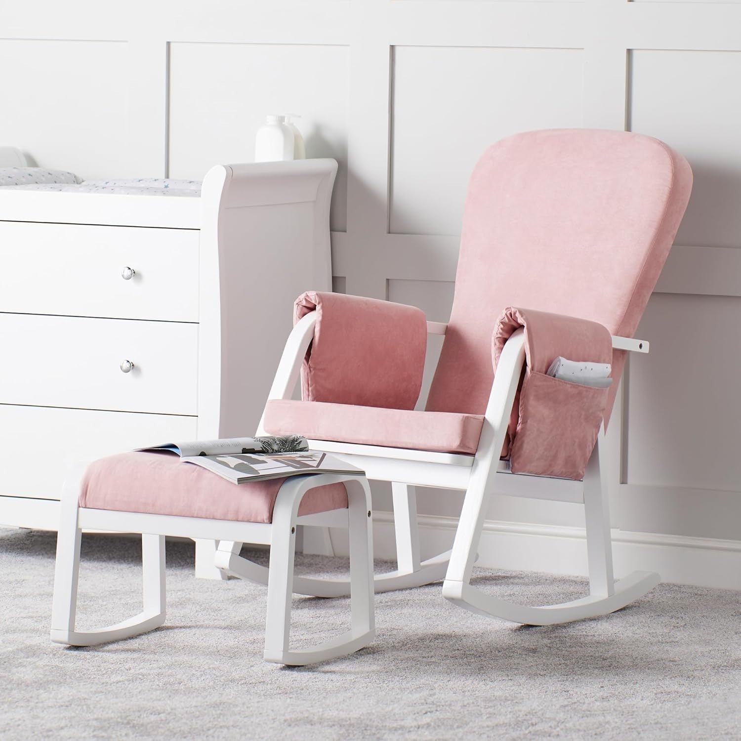 Luxury Pink Rocking Chair & Footstool Set with Suedette Fabric & Storage