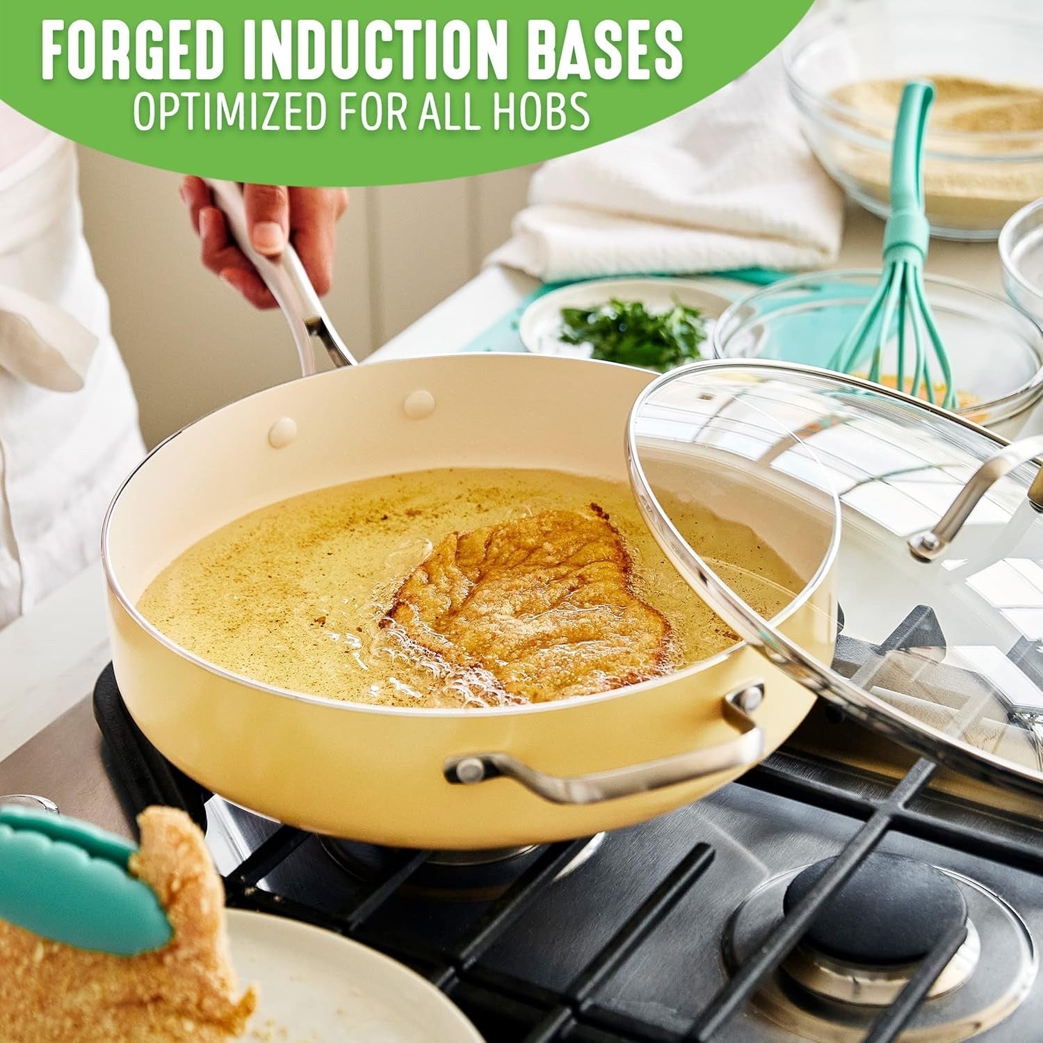 30cm Yellow Ceramic Saute Pan Non Stick 4.8L With Lid Induction PFAS Free