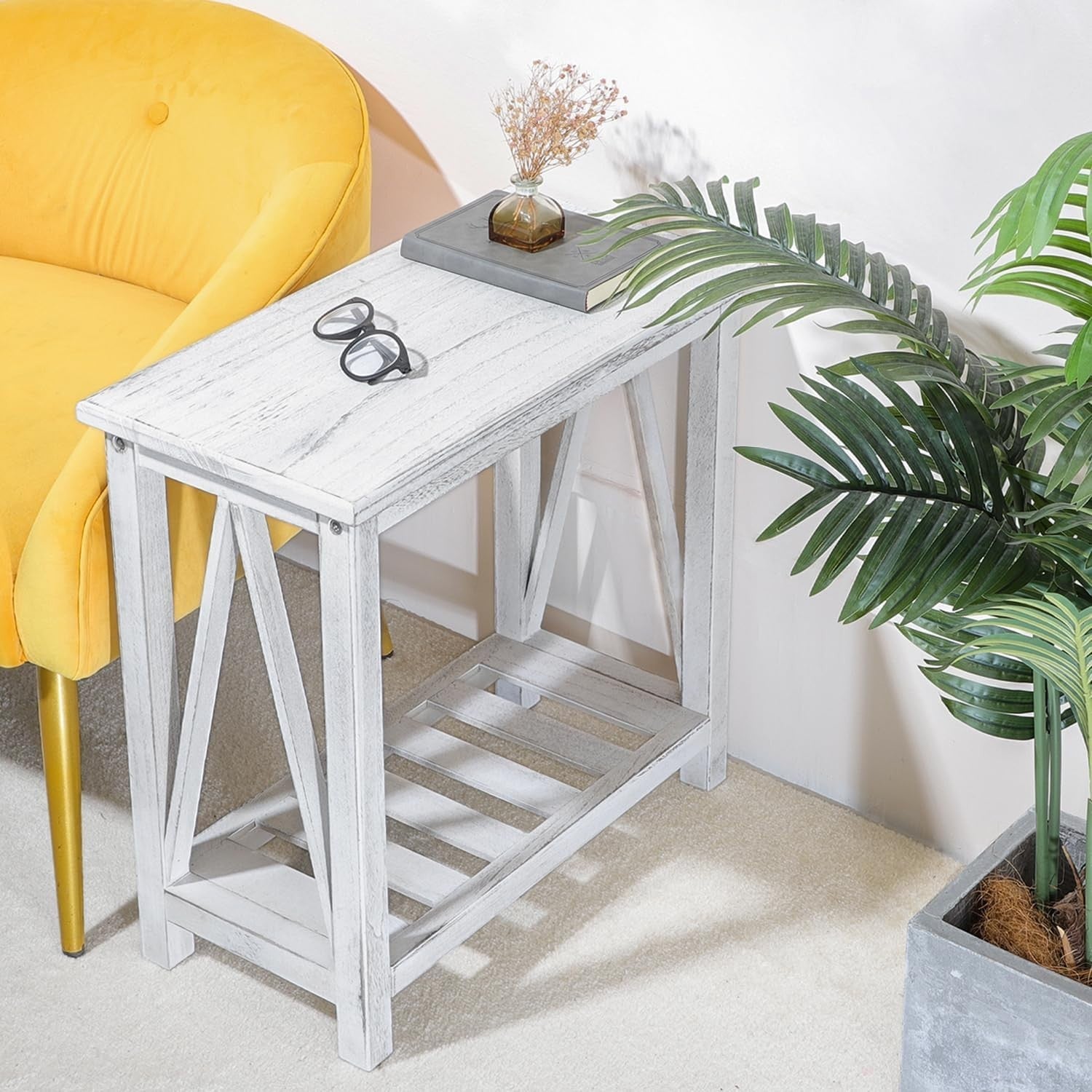Slim Farmhouse End Table with Storage Shelf, Rustic White, Space-Saving