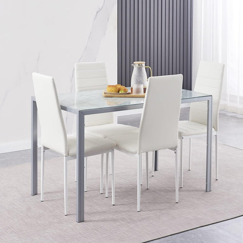 5PC White Marble Dining Set Glass Table with Faux Leather Chairs Compact
