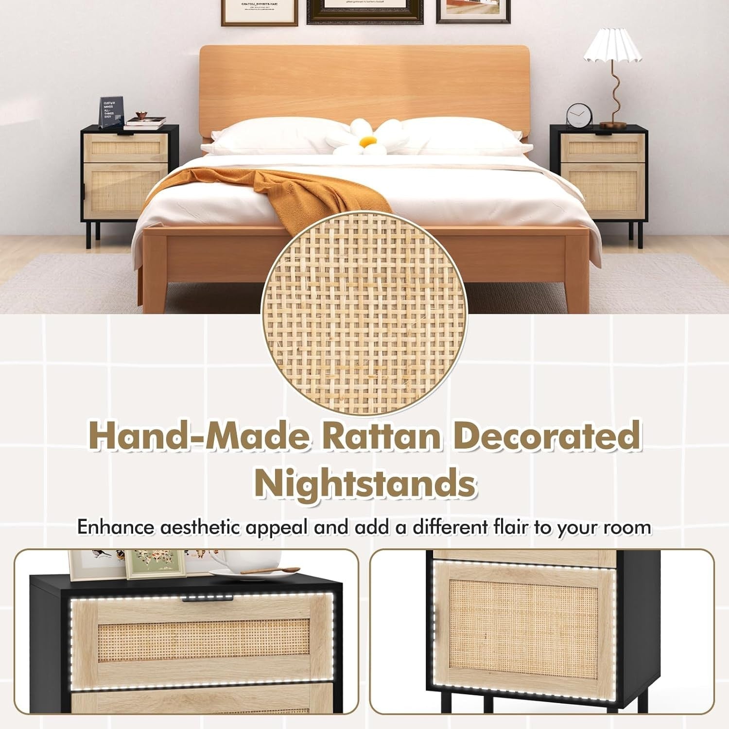 Set of 2 Black Rattan Bedside Tables with Drawer & Cabinet Modern Nightstands