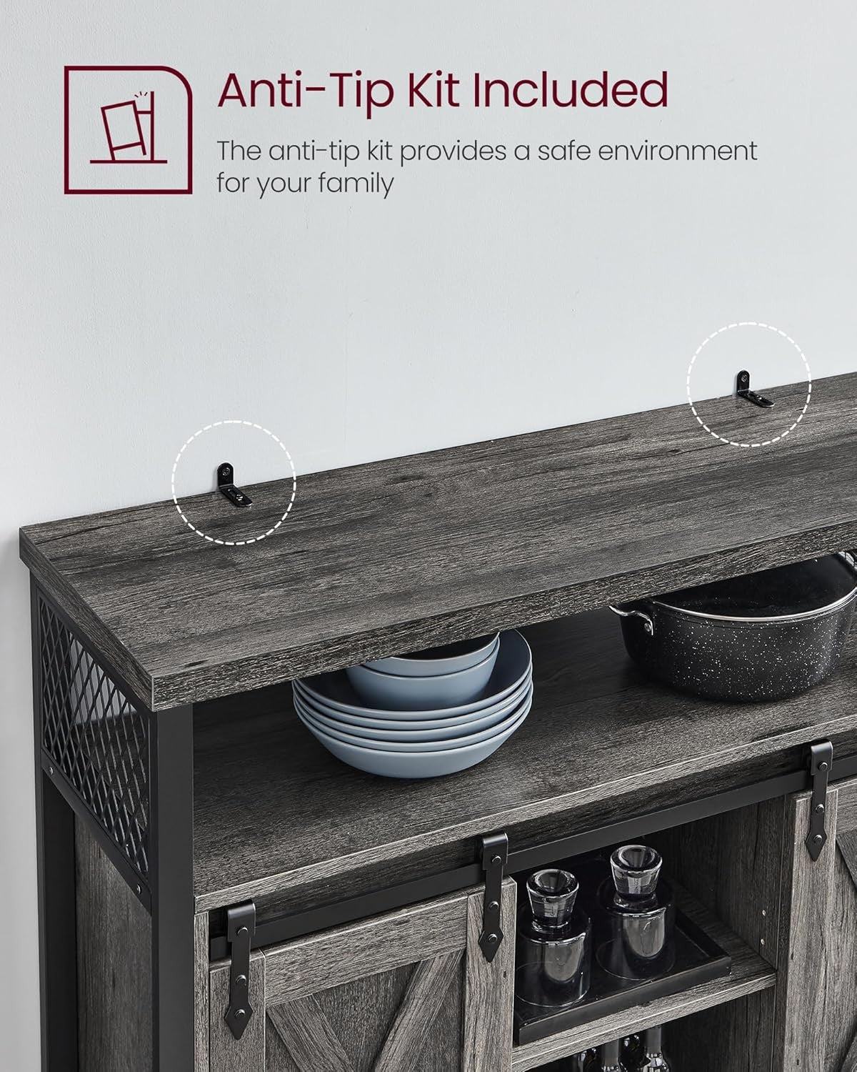Charcoal Grey Industrial Sideboard Sliding Door Storage Cabinet
