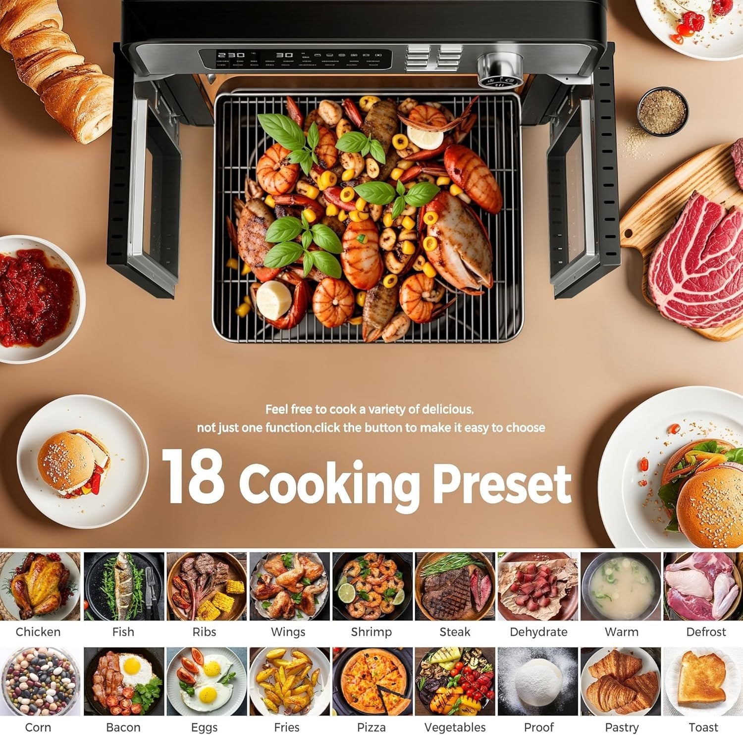 28L Air Fryer Oven Rotisserie 18-in-1 1700W Window Light 30-230C No Oil