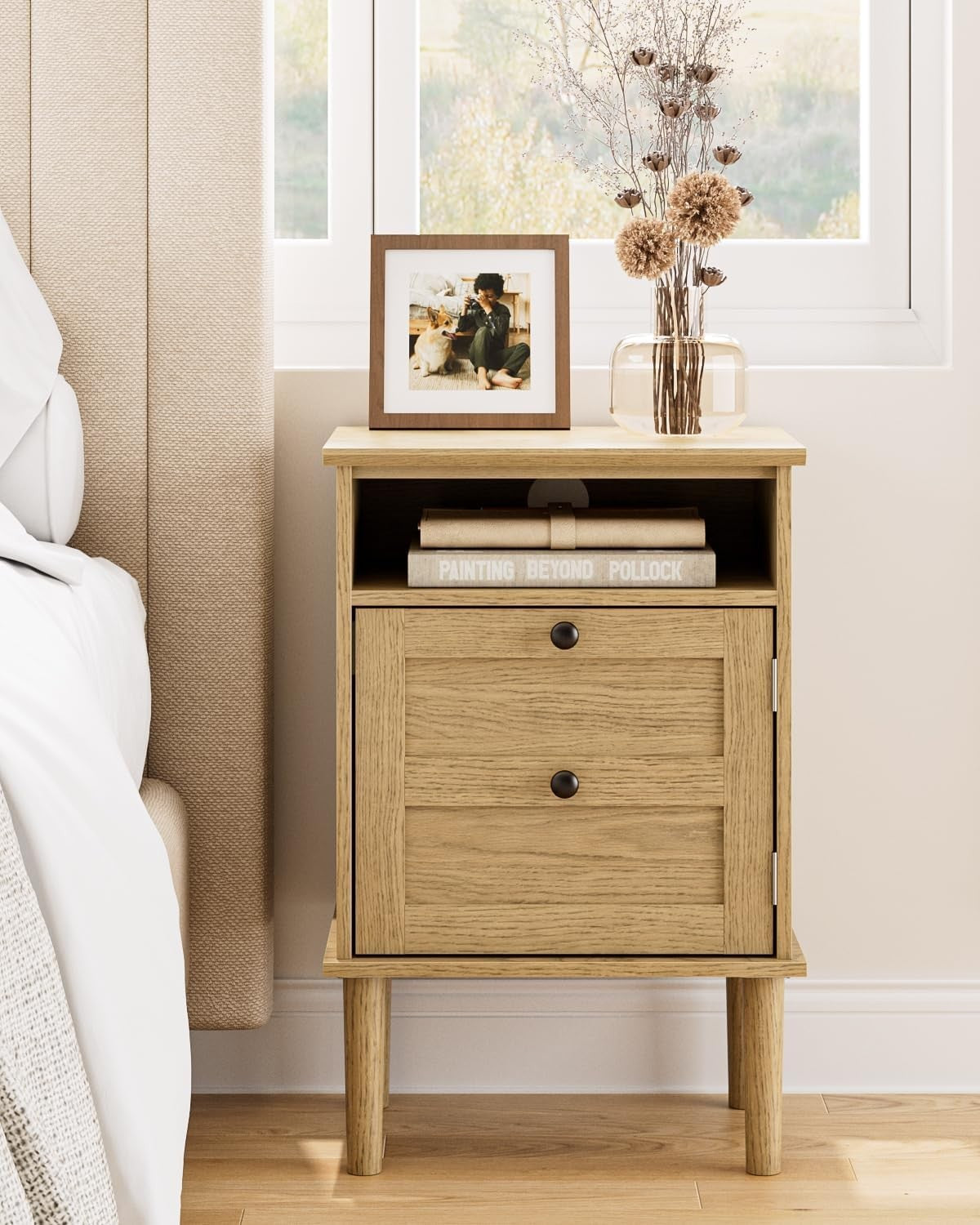 Light Oak Wooden Bedside Table with Door & Open Shelf | Modern Rustic Nightstand