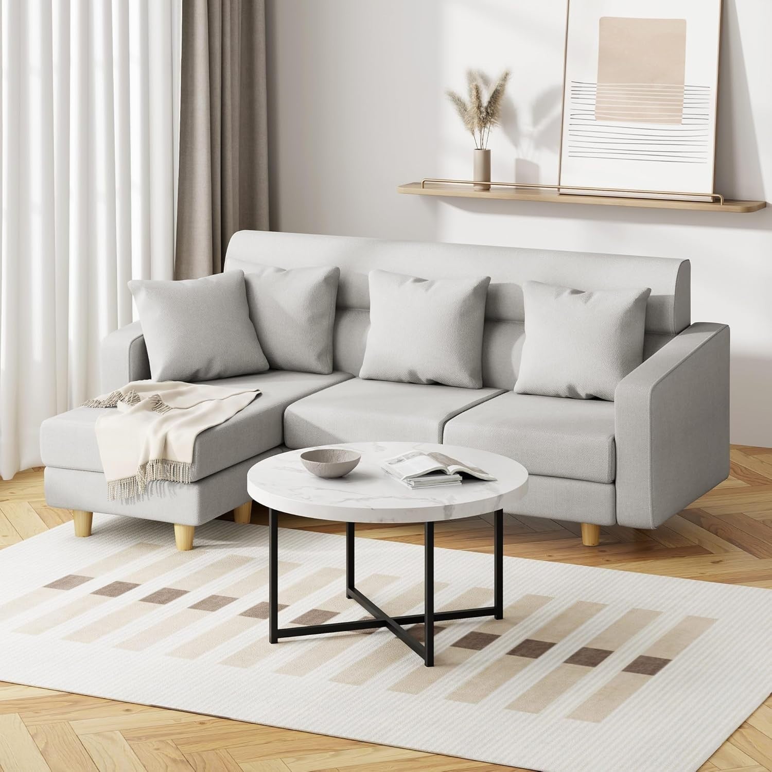 Round Marble Look Coffee Table 80cm White Grey PVC Top with Black Metal Legs