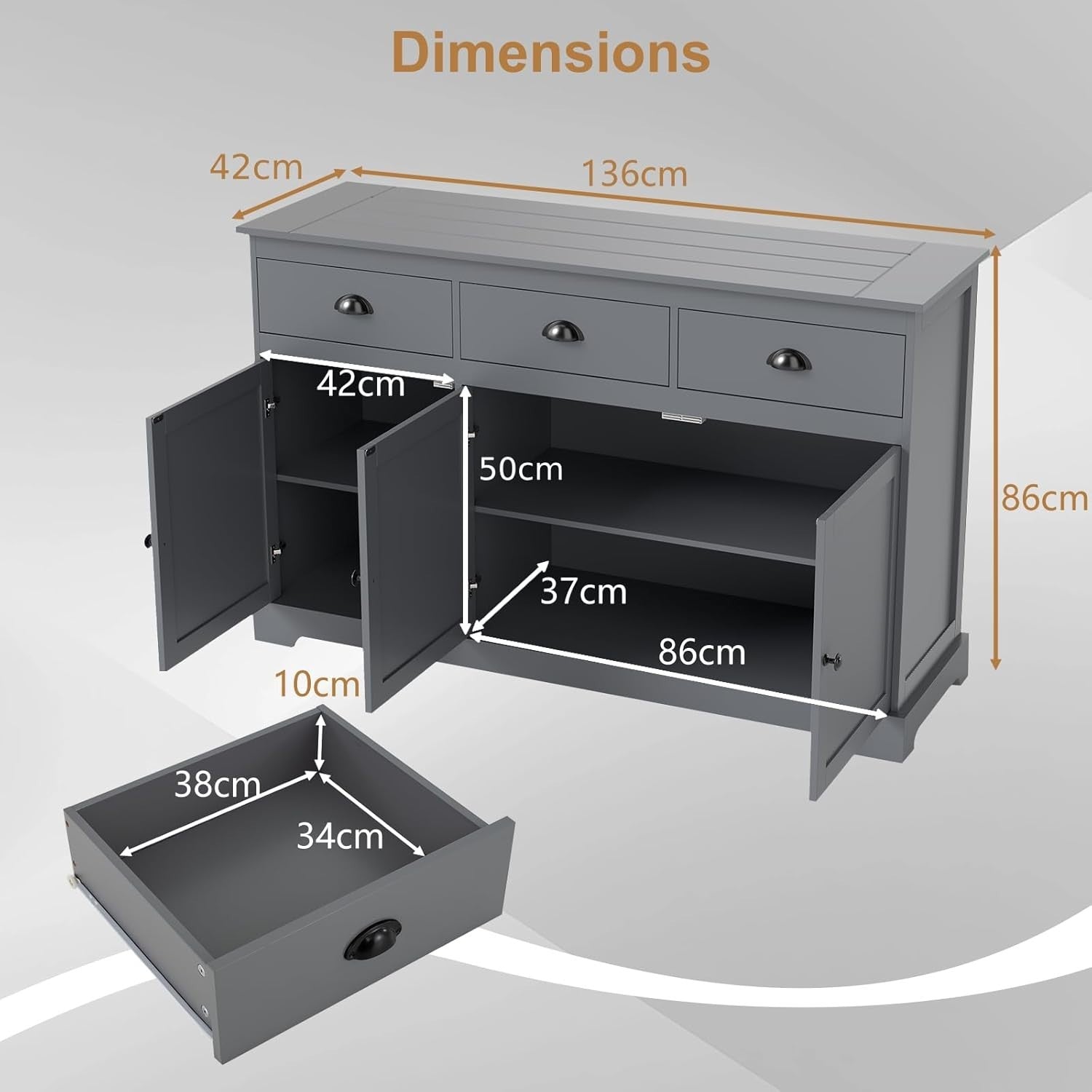 Grey Sideboard Storage Cabinet with Drawers & Adjustable Shelves Unit